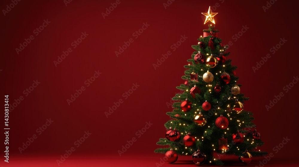 Christmas tree against a vibrant red backdrop Christmas tree against a vibrant red backdrop