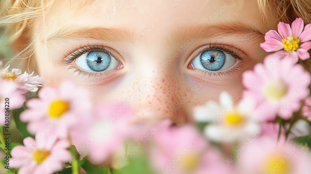 Close up of little girl's eyes among wildflowers. Childhood concept Close up of little girl's eyes among wildflowers. Childhood concept