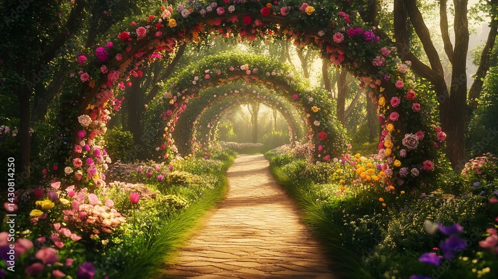 Fototapeta premium Floral pathway, enchanting rose arches lead to a sunlit dreamy garden vista