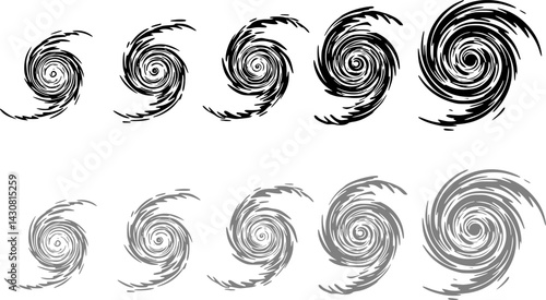 set of Dynamic swirls illustrate the evolution of a cyclone in a dramatic weather phenomenon depiction
, vector set