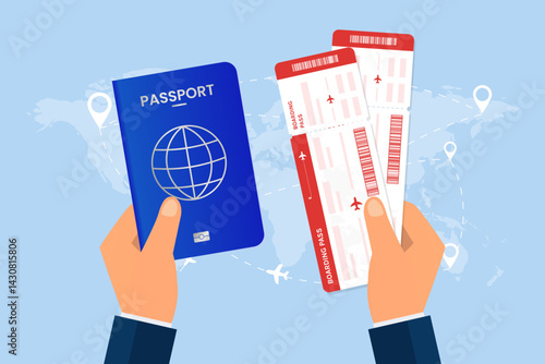 Hands holding passport and boarding pass with world map and airplane location on blue background, representing travel concept in flat vector design
