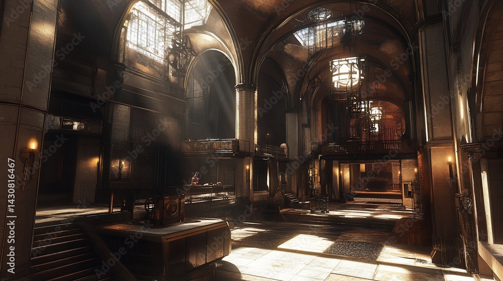 Obraz premium Sunlight streams through the grand interior of an old building with arches and tiled floors, creating depth