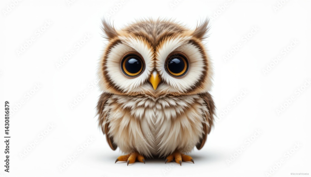 Naklejka premium Adorable Fluffy Baby Owl Portrait on White Background