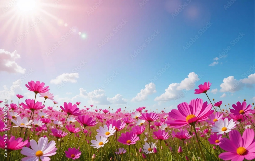 Fototapeta premium Blue sky and clouds and cosmos background image, flower, season, banner texture poster advertising