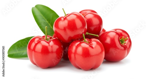 Acerola Cherries Arrangement with Green Leaves on White Background Close-up