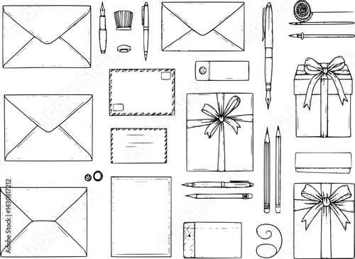 Collection of hand-drawn stationery items featuring envelopes, boxes, and writing tools in a minimalist style
