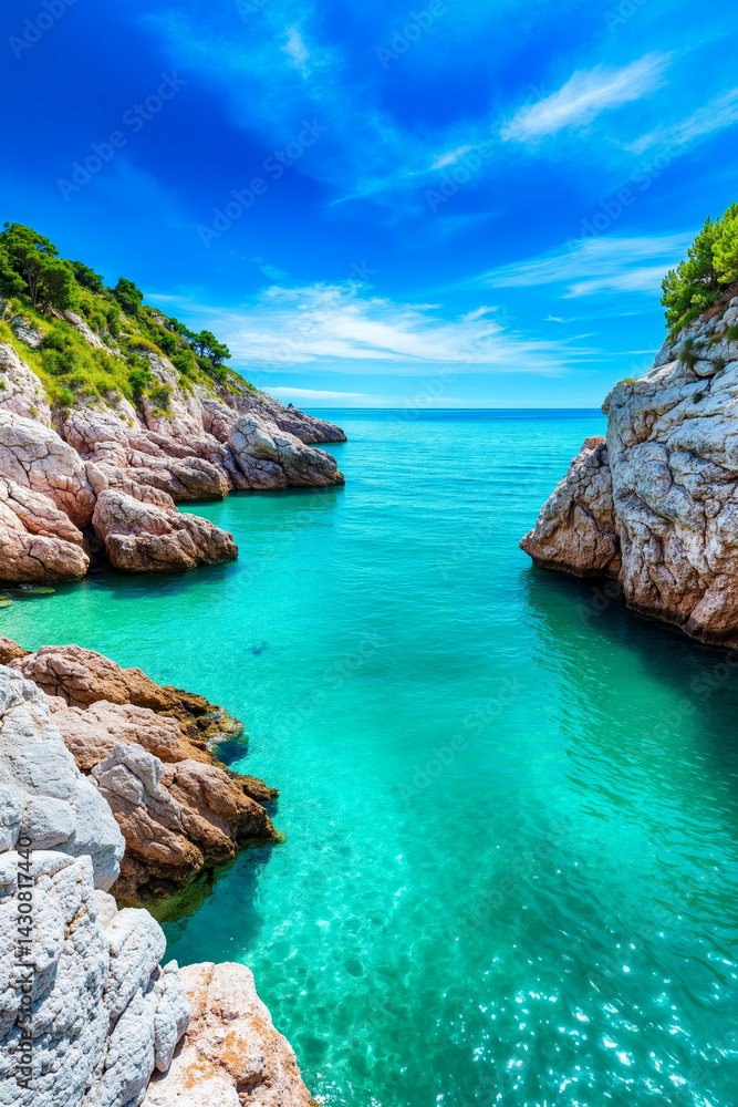 A view of a rocky shoreline with clear blue water and rocks A view of a rocky shoreline with clear blue water and rocks