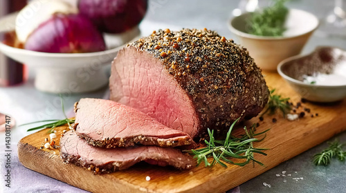 Wallpaper Mural Delicious pepper roasted beef chunk garnished with fresh rosemary with cut off slices on wood cutting board. Holiday meal for family dinner celebrations Torontodigital.ca