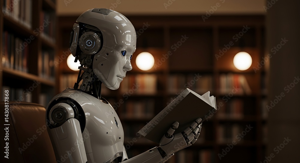 Fototapeta premium Robot Reading Book in Library, Artificial Intelligence Learning Concept
