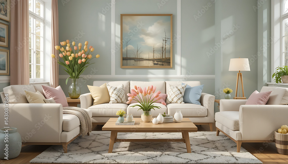 Interior design of spring living room with design sofa, furniture, vase with tulips, easter decorations, pillows and personal accessories. Home decor. Template. Easter holidays. Interior design of spring living room with design sofa, furniture, vase with tulips, easter decorations, pillows and personal accessories. Home decor. Template. Easter holidays.