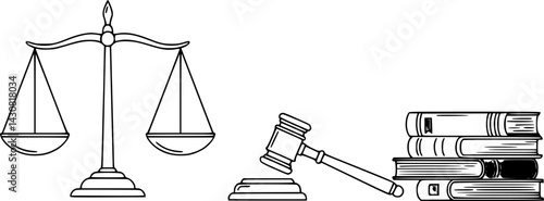Symbolic representation of justice and law through scales, gavel, and books in a minimalist design, vector set