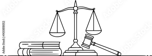 Symbolic representation of justice and law through scales, gavel, and books in a minimalist design, vector set
