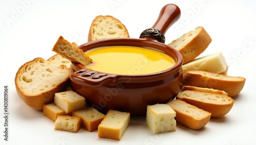 Cheese fondue with dipping bread cubes served melty on white background for cozy appetizer