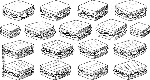 Collection of hand-drawn sandwiches showcasing diverse types and fillings in black and white design
