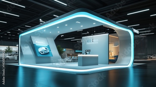 Modern exhibition booth design with light blue accents, featuring a curved structure, showcasing technology and sleek furniture