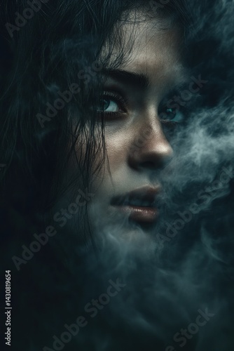 Mysterious woman with smoke around her face