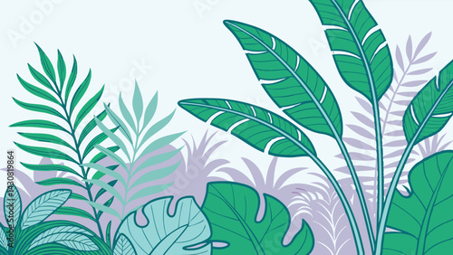 Tropical leaf illustration in soft green and purple tones. Aesthetic botanical background perfect for nature, summer, or jungle-themed designs.