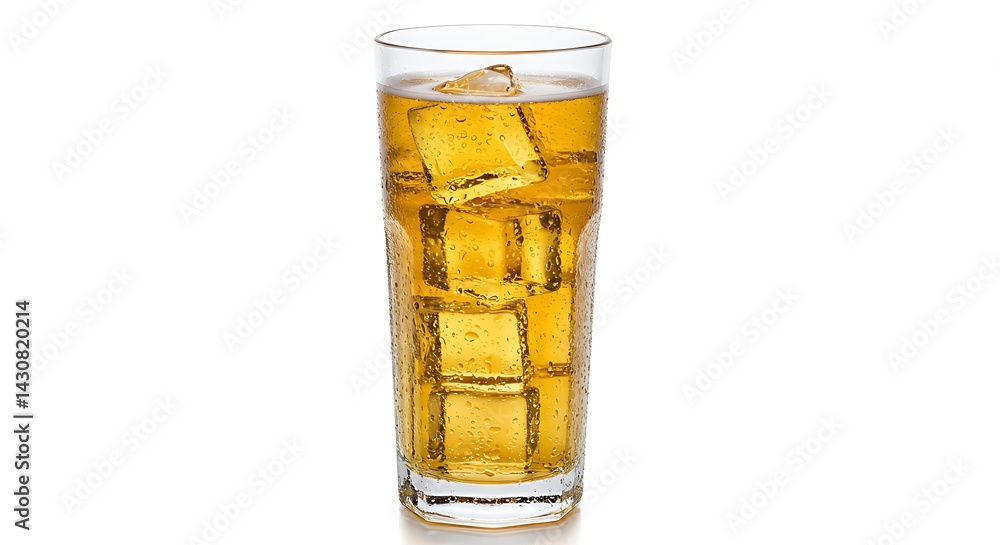 a glass beer or soda with much ice cube inside fresh and frosty white background a glass beer or soda with much ice cube inside fresh and frosty white background