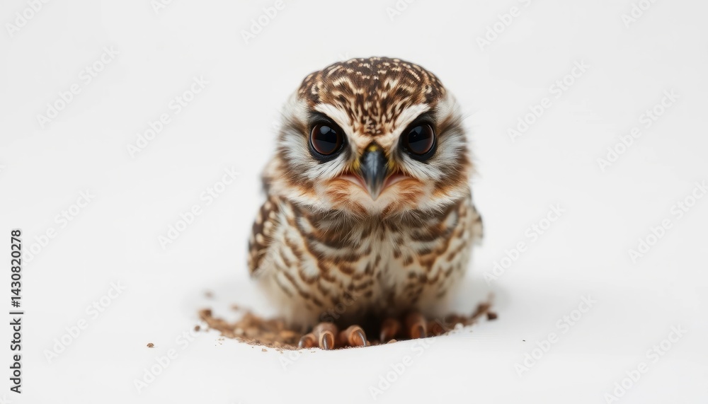 Fototapeta premium Closeup Portrait of a Baby Owl on White Background