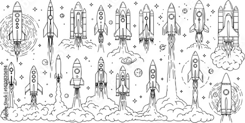 Various rocket designs launching into space surrounded by stars and clouds of smoke, vector set PNG