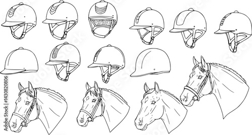 Collection of equestrian helmets and horse head illustrations showcasing diverse styles and designs
