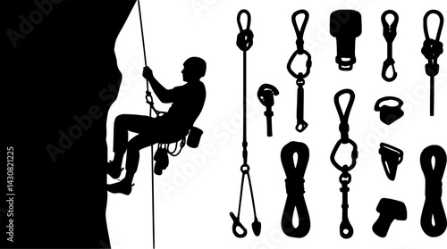 Climbing gear accessories illustrated in vector format featuring a rock climbing ascent with ropes and knots for outdoor adventurers
