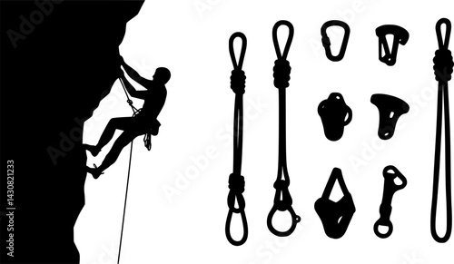 Climbing gear accessories illustrated in vector format featuring a rock climbing ascent with ropes and knots for outdoor adventurers
