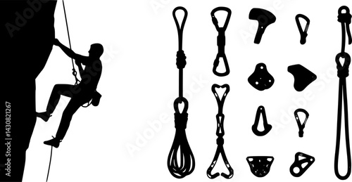 Climbing gear accessories illustrated in vector format featuring a rock climbing ascent with ropes and knots for outdoor adventurers
