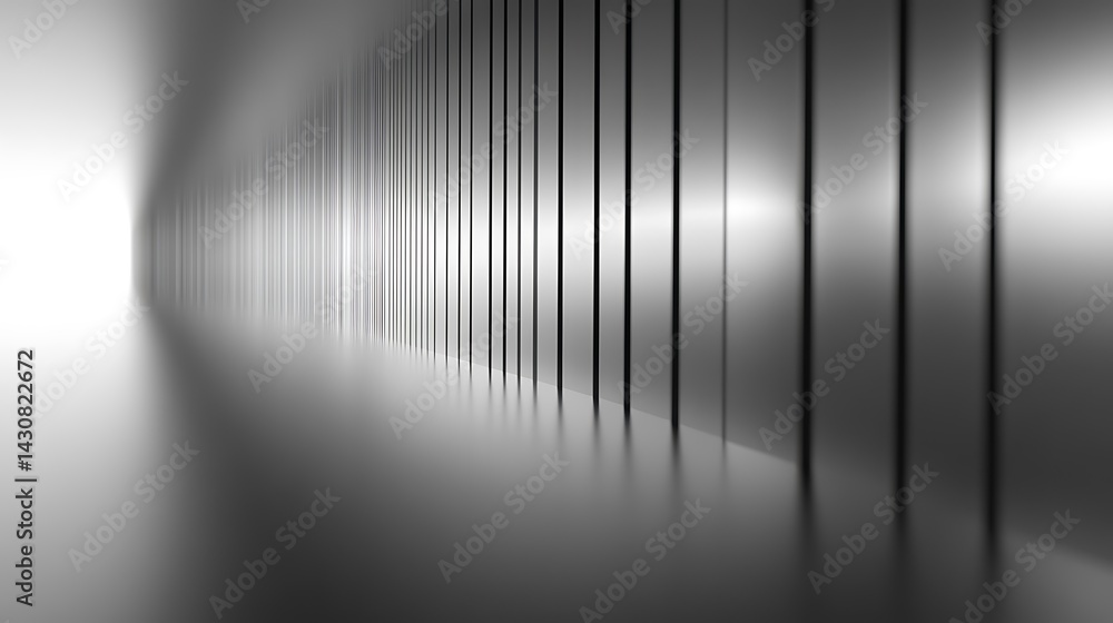 Futuristic metallic corridor with vertical light reflections and abstract black and white gradient background
Futuristic metallic corridor with vertical light reflections and abstract black and white gradient background