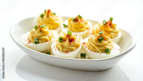 Delicious deviled eggs topped with paprika on a clean white background perfect for food photography