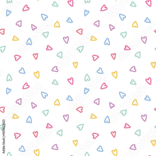 Cute seamless pattern with sketchy rainbow hearts. Crayon texture, playful colors. Designed for children products, baby shower themes, wallpapers, surface prints, fun packaging, scrapbook 