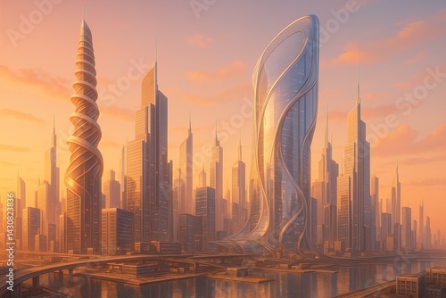 Futuristic Skyline with Spiral and Curved Towers