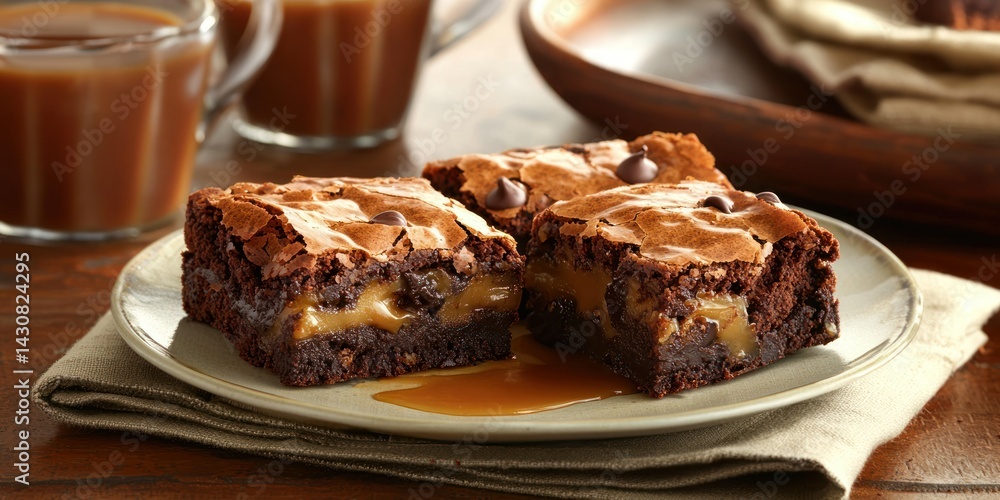 A plate of chocolate chip brownies with golden, crispy edges and a soft, gooey center, served with a drizzle of caramel sauce A plate of chocolate chip brownies with golden, crispy edges and a soft, gooey center, served with a drizzle of caramel sauce