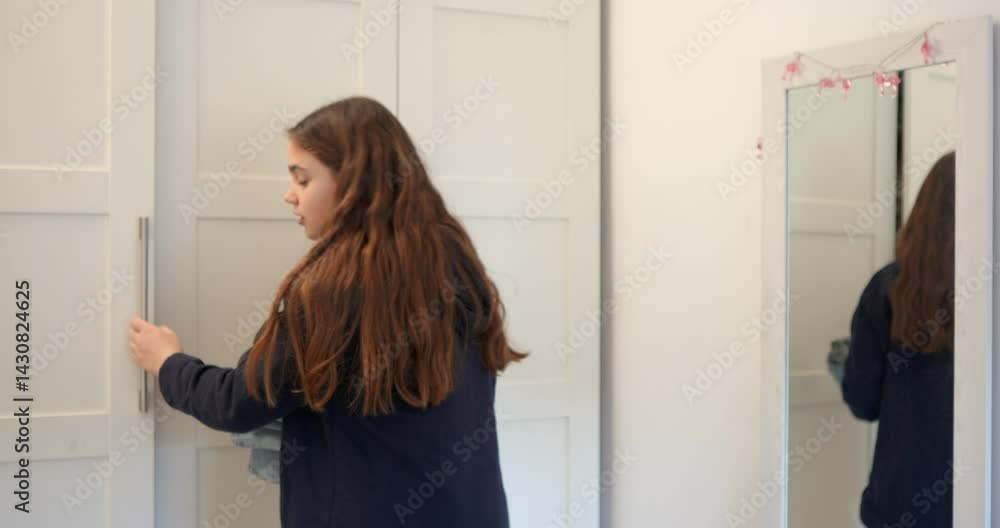 A teenage girl takes some trousers out of the wardrobe and bends down. Front shot of the wardrobe. A teenage girl takes some trousers out of the wardrobe and bends down. Front shot of the wardrobe.
