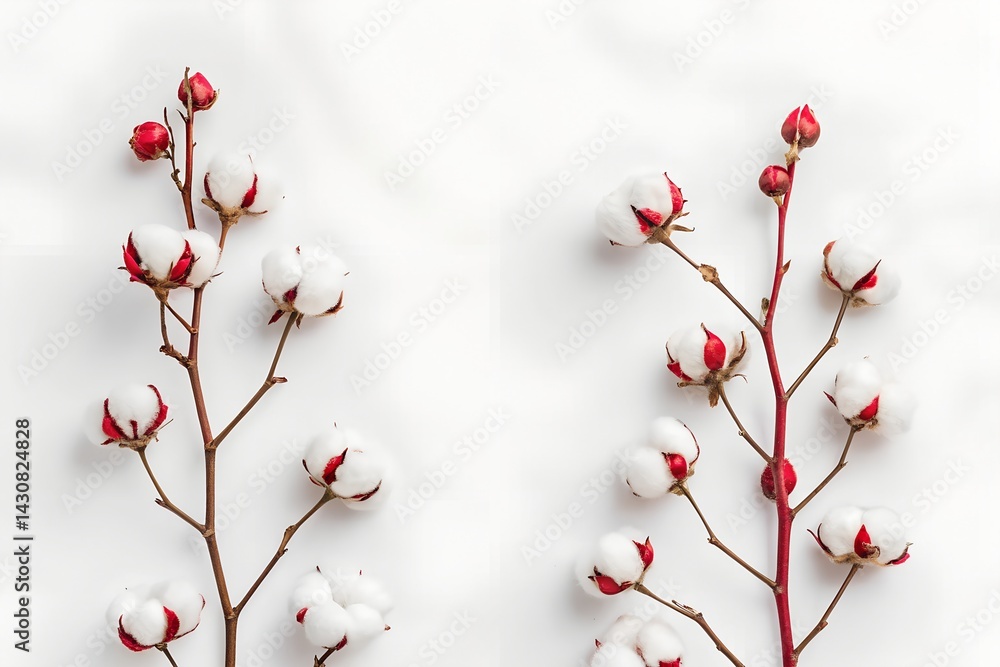 Delicate cotton flower branches with red accents against a pristine white background in a minimalist botanical style