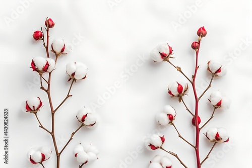 Obraz na płótnie Delicate cotton flower branches with red accents against a pristine white background in a minimalist botanical style w salonie