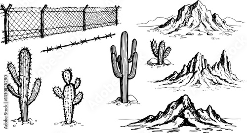 vector set of Illustration of desert landscape elements featuring barbed wire fences, cacti, and mountains in a sketch style
