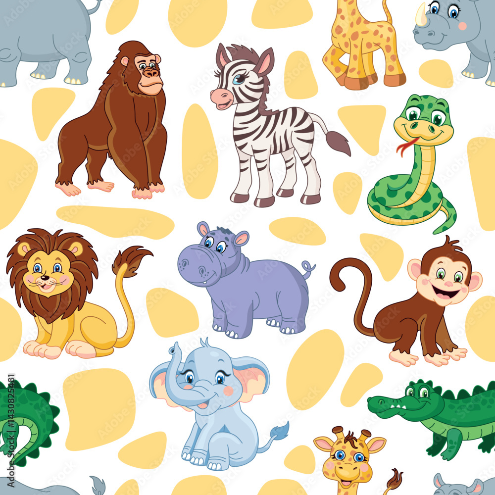 Naklejka premium Seamless pattern with African animals. Lion, elephant, giraffe, rhinoceros, monkey, snake,crocodile. hippopotamus illustration for kids