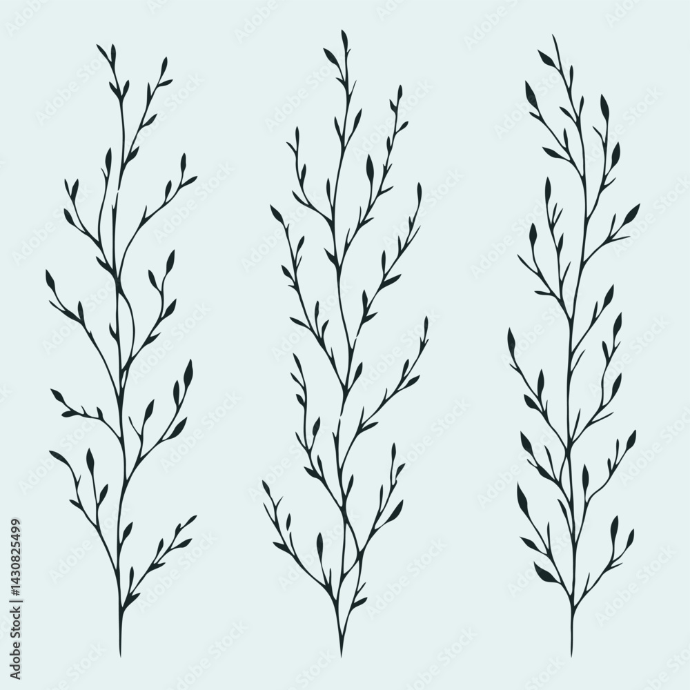 Obraz premium Hand drawn wild flowers Botanical drawing. Simple line art frieze, stems illustration. Black and White Meadow herbs. Stylized blooming twigs plants. Set of outline doodle floral sketch Leaves border