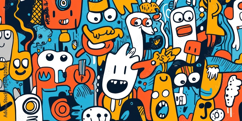 Fototapeta premium A playful collection of hand-drawn doodles featuring quirky characters, abstract shapes, and fun symbols
