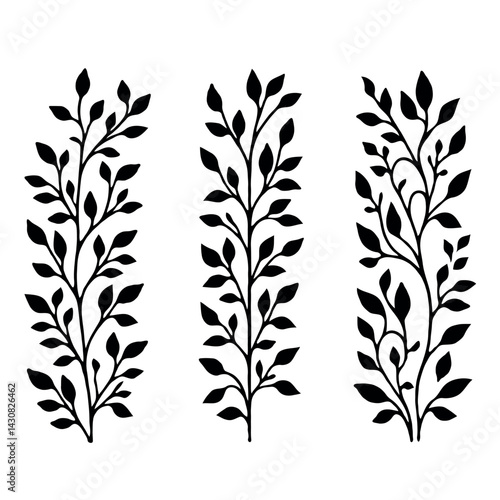 Hand drawn wild flowers Botanical drawing. Simple line art frieze, stems illustration. Black and White Meadow herbs. Stylized blooming twigs plants. Set of outline doodle floral sketch Leaves border