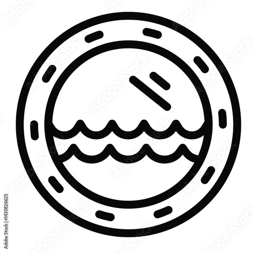 Porthole window with water waves line icon, cruise ship interior concept. Vector graphics. Round window with sea wave sign on white background, style mobile or design.