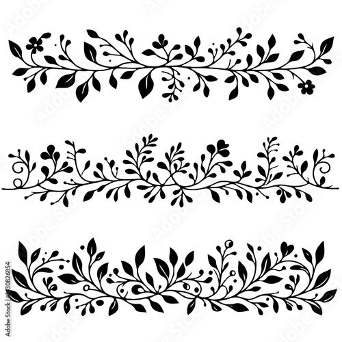 Hand drawn wild flowers Botanical drawing. Simple line art frieze, stems illustration. Black and White Meadow herbs. Stylized blooming twigs plants. Set of outline doodle floral sketch Leaves border