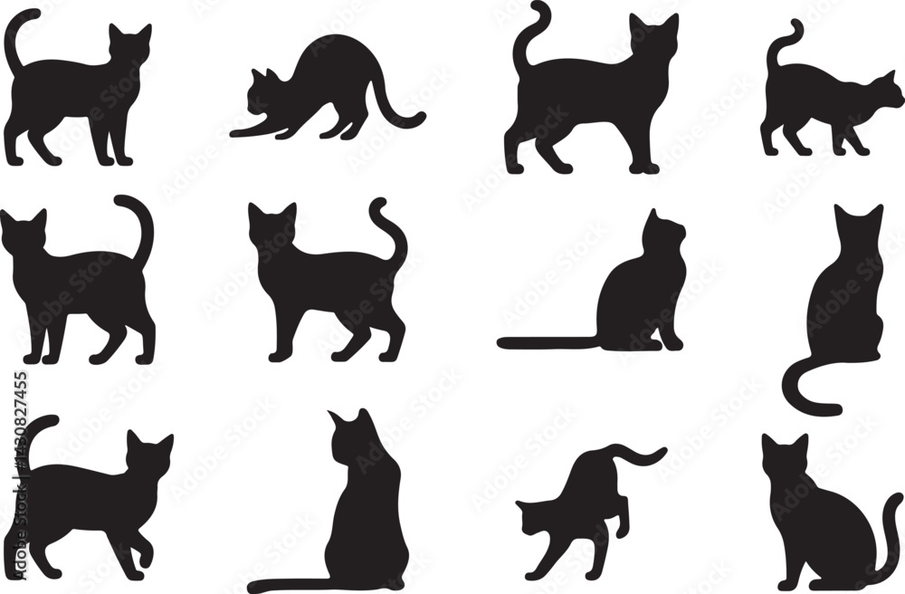 Set of Black Cat Silhouettes in Various positions. vector illustration. Set of Black Cat Silhouettes in Various positions. vector illustration.