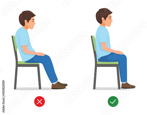 correct and incorrect sitting body postures of man. Bad and good spine seat position