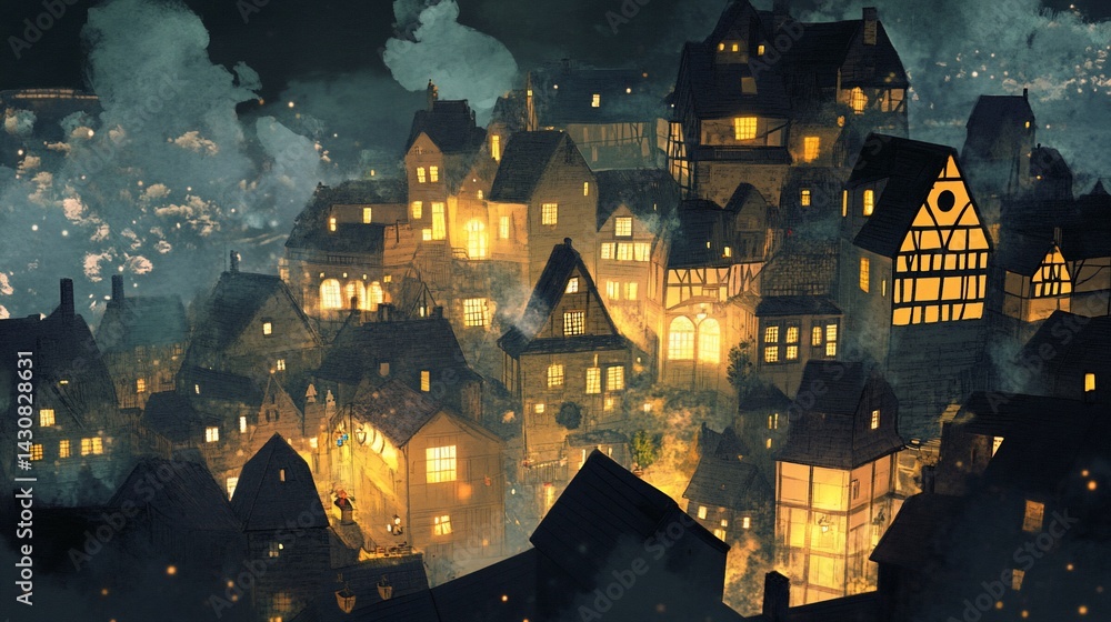 Obraz premium Hilly village scene with illuminated buildings and hazy night sky
