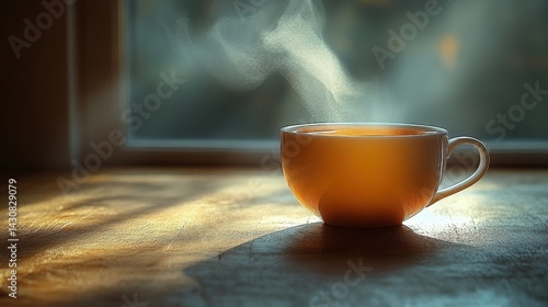 Wallpaper Mural Yellow Cup Of Tea Steaming On Wooden Table Near Window With Sunlight Torontodigital.ca