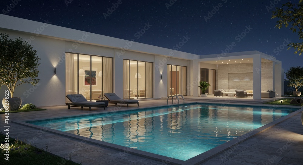 Fototapeta premium Modern White Villa with Pool at Night under Starry Sky