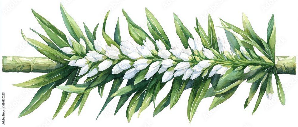 Fototapeta premium Watercolor Painting of White Flowers and Green Leaves