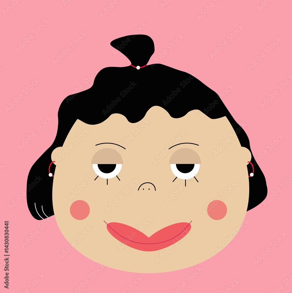 Obraz premium Funny girl with dark hair and half-open eyes with pink background